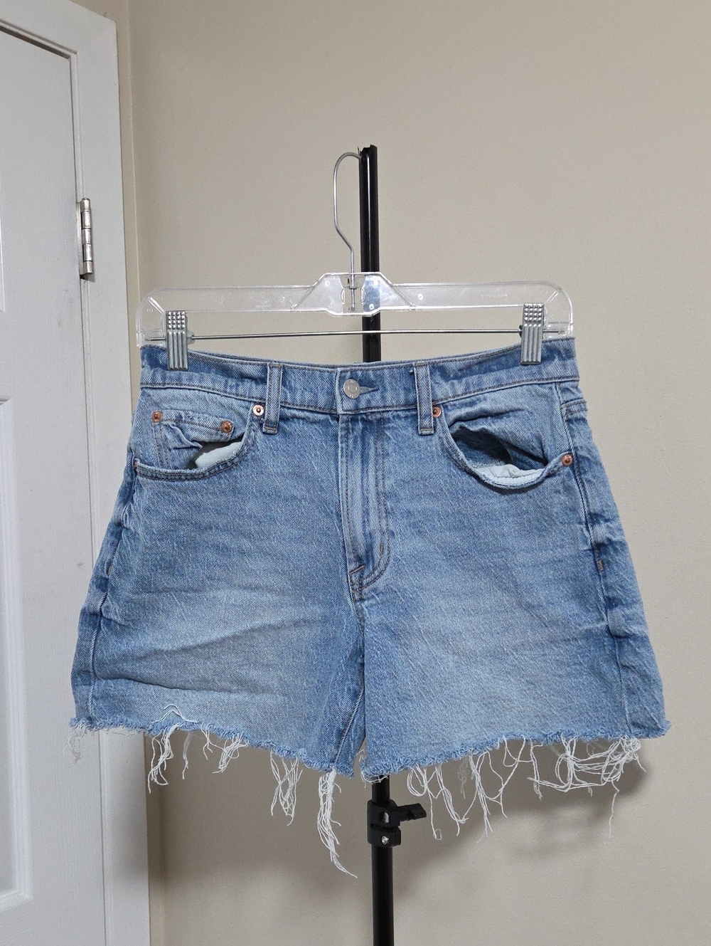 pistola Light Blue High-Rise Frayed Denim Shorts